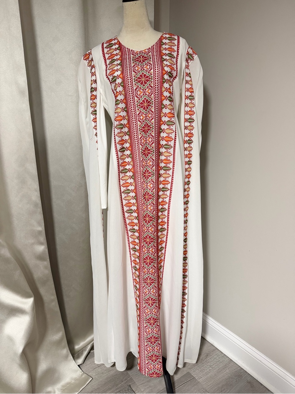 Palestinian thobe White Maxi Dress with Pink & Orange Embroidered Front Panel